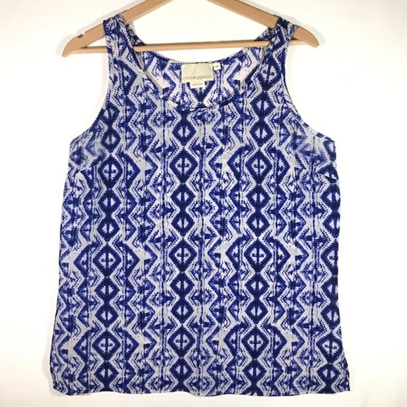 Cynthia Rowley TJX Blue White Aztec Tribal Sleeveless Tunic Silk Blouse Size M - Picture 1 of 6
